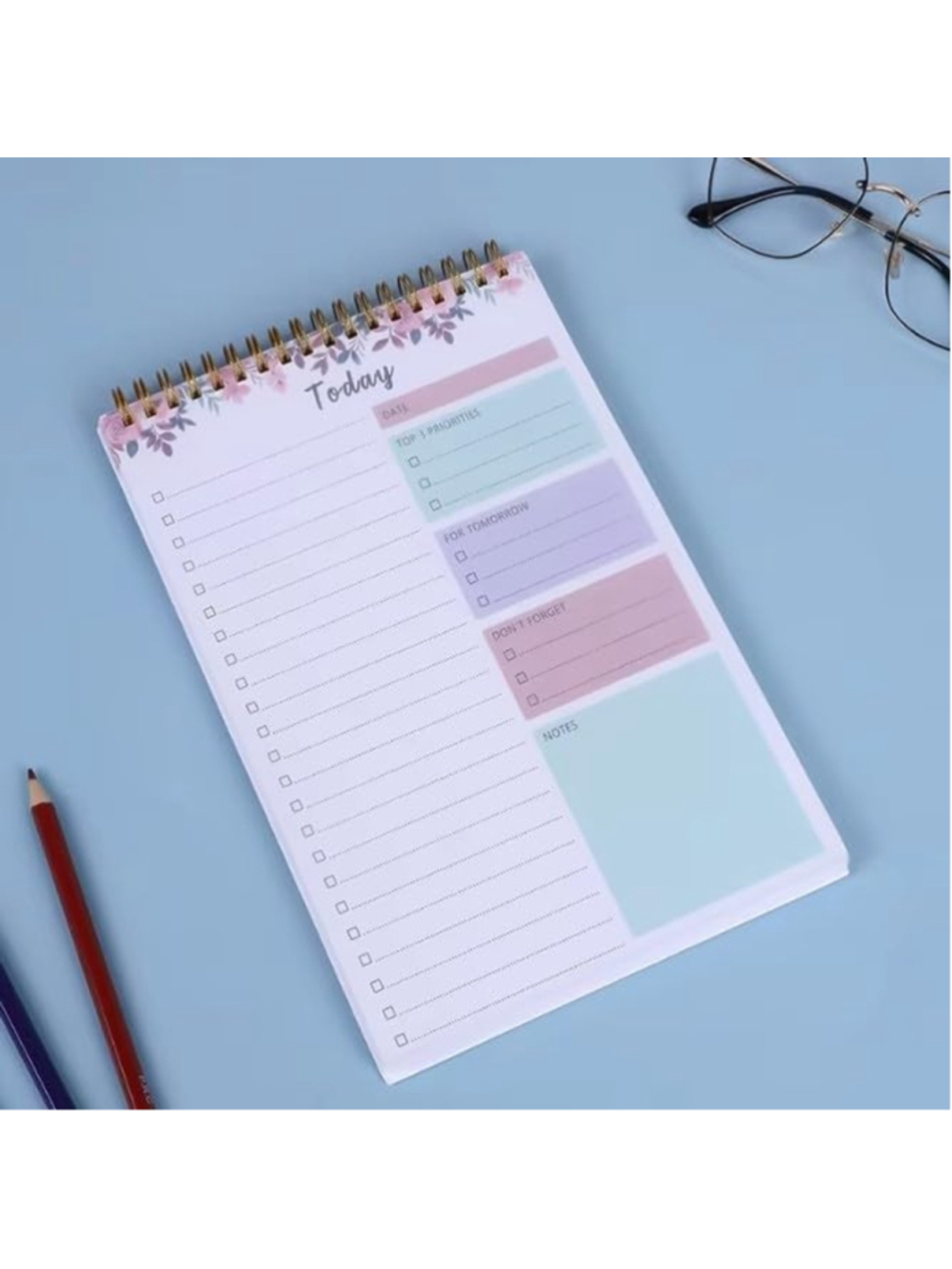 Floral Daily Planner Notepad - Spiral To-Do List, Priorities, Notes, Reminders